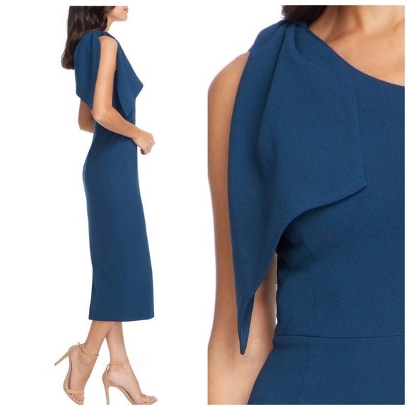 Dress the Population Tiffany One Shoulder Midi Sheath Dress Peacock Blue XXS NWT - Picture 2 of 9
